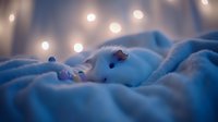 Sleeping white cat curled up in soft blue blanket with glowing bokeh lights creating dreamy, cozy atmosphere. Peaceful pet portrait for relaxation themes.