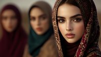 Young Middle Eastern woman wearing traditional hijab in bronze and burgundy tones, with two women in hijabs blurred in background, dramatic portrait lighting.