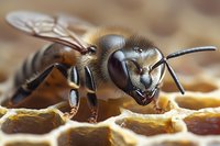 Detailed macro photography of honey bee on honeycomb shows intricate insect anatomy with compound eyes, antennae, and segmented body against golden wax cells background.