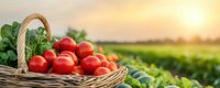 Fresh red tomatoes and green vegetables in wicker basket on farm field during golden sunset. Organic harvest concept for healthy eating and agriculture.