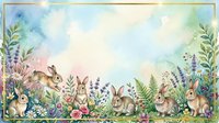 Watercolor illustration of rabbits and hares in a meadow surrounded by wildflowers, lavender, and ferns. Soft pastel colors with gold border frame. Suitable for children's books, nursery decor, greeting cards, and spring-themed designs.