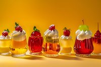 Colorful fruit jelly desserts in elegant glasses topped with fresh berries and cream against vibrant yellow background.