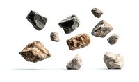 Floating stones and rocks of various sizes and textures against white background, isolated mineral specimens showing natural geological formations and patterns.