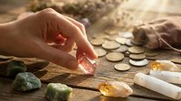 Hand selecting coins from scattered collection on rustic wooden surface with healing crystals and gemstones for spiritual wealth manifestation practices.