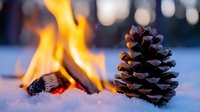 Pine cone in snow near burning campfire with bright orange flames against blurred winter forest background, creating cozy outdoor atmosphere.
