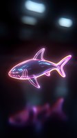 Glowing neon shark silhouette in pink and blue colors against dark background, modern art style design for nightclub decoration and entertainment venues.
