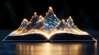 Open book with glowing golden particles forming mountain peaks above pages, magical storytelling concept for education and fantasy literature designs.