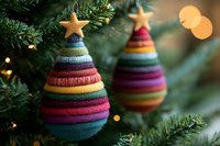 Colorful striped yarn Christmas tree ornaments hanging on evergreen branches with warm bokeh lights creating festive holiday decoration atmosphere.