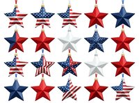 Patriotic star ornaments featuring red, white, and blue colors with American flag patterns and solid finishes, isolated on white background for holiday decorations and festive designs.