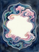 Ornate watercolor frame with swirling clouds in pink, blue and purple hues surrounding blank white center space for text or design elements.