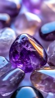 Purple amethyst crystal gemstone collection with healing stones for meditation, spirituality and wellness practices on soft blurred background.