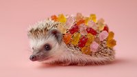 Small hedgehog decorated with colorful gummy bears on pink background for creative pet photography and whimsical animal portraits.