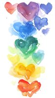 Colorful watercolor hearts arranged vertically in rainbow order from red to orange, creating a vibrant artistic composition for greeting cards or romantic designs.