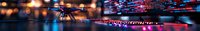 Professional drone flying over illuminated city at night with blurred neon lights and reflections creating futuristic urban atmosphere. Panoramic composition.