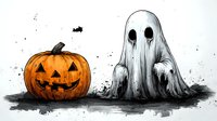 Spooky Halloween scene with carved smiling pumpkin and white ghost figure with dark eyes on grunge background, watercolor style illustration for seasonal decor.