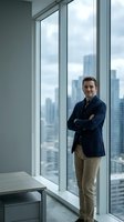 Confident young Caucasian businessman in navy blazer standing with crossed arms by office window overlooking city skyline for corporate success concepts.