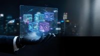 Futuristic holographic interface displaying programming icons and code elements floating above hands in dark tech environment for software development.