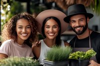Diverse group of young farmers with microgreens and fresh produce smiling at urban garden. Mixed race team working at local organic farm stand.
