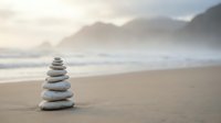 Zen stone stack on peaceful beach with misty mountains and soft waves creating serene meditation atmosphere for wellness and mindfulness practices.