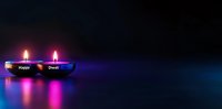 Glowing diya lamps with colorful reflections on dark background, traditional oil lamps illuminated during festival celebration with neon pink and blue lights.
