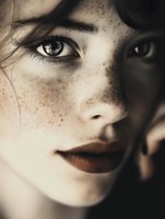 Close-up portrait of young woman with freckles, dark lipstick and intense gaze against shadowy background, creating dramatic contrast.