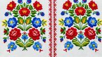 Traditional folk embroidery pattern with red roses and blue flowers on white background. Decorative floral design for textile, fabric, crafts.