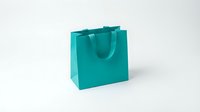 Turquoise shopping bag with handles isolated on white background for retail branding and commercial design projects.