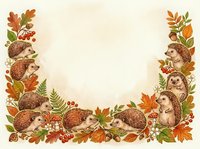 Adorable hedgehogs with autumn leaves, acorns and berries creating decorative border frame on cream background for seasonal greeting cards and fall designs.