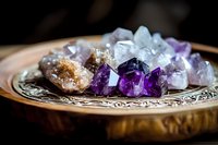 Collection of healing crystals and gemstones including amethyst and clear quartz arranged on ornate wooden bowl for spiritual wellness meditation practices.