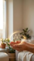Hands holding glowing family protection symbol with light effects in cozy home interior for insurance and security concepts.