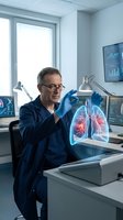 Middle-aged Caucasian male doctor in blue scrubs examining holographic lung projection in modern medical office with digital monitors and futuristic technology.