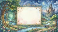 Enchanted fairy tale landscape with ornate frame, castle, magical forest, glowing lanterns, river, mushrooms, and starry night sky for cards.