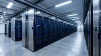 Modern data center server room with rows of black server racks and blue LED lights in clean white industrial facility for cloud computing and storage.