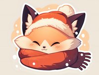 Cute cartoon fox wrapped in warm winter scarf and hat, smiling with closed eyes against snowy background, kawaii style illustration for children's design.