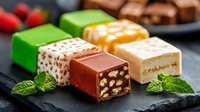 Colorful petit fours and chocolate candy pieces with nuts on black slate board garnished with fresh mint leaves and strawberries, macro food photography.