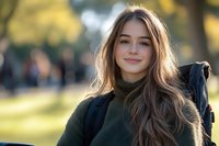 Young Caucasian woman with long brown hair smiling outdoors in autumn park wearing green turtleneck sweater, natural backlit portrait with soft bokeh background.