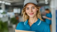 Young blonde Caucasian woman in gray cap and teal polo shirt smiling at camera in modern office workspace. Professional business portrait for corporate use.