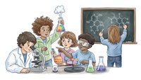Diverse group of children conducting chemistry experiments in classroom with microscope, test tubes and chalkboard. Educational science learning concept.