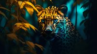 Majestic jaguar with piercing blue eyes in dark jungle setting, dramatic lighting creates mysterious atmosphere with golden and turquoise tones highlighting spotted coat.