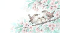 Watercolor sparrows perched on blooming cherry blossom branch with pink flowers and green leaves on white background for spring nature designs.
