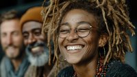 Young African American woman with dreadlocks and glasses laughing joyfully with diverse group of friends in background, expressing happiness and friendship.