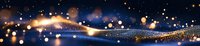 Glowing golden light trail with sparkling particles flowing on dark blue background creates magical festive atmosphere for holiday designs.