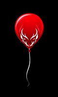 Red balloon with scary demon face design on black background, isolated graphic element for horror themed projects and Halloween designs.