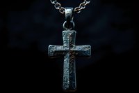 Silver cross pendant with textured surface on dark background, dramatic lighting highlights religious jewelry details and metallic chain necklace craftsmanship.