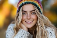 Young Caucasian woman with blonde hair wearing colorful knit beanie and white sweater smiling warmly at camera against blurred autumn background, natural outdoor portrait.