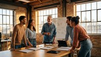 Diverse team of young professionals collaborating around wooden table in modern loft office with exposed brick, large windows, and laptop during creative brainstorming meeting.