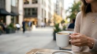 Woman holding white ceramic mug with coffee on outdoor urban street table, wearing beige sweater and gold jewelry, daytime city setting for lifestyle and beverage concepts.