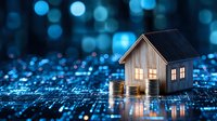 Wooden house model with glowing windows on stack of coins against digital technology background with blue bokeh lights and circuit patterns.