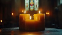 Burning candles in church setting creating spiritual atmosphere with stained glass windows in background, symbolizing prayer, remembrance, and religious ceremony.