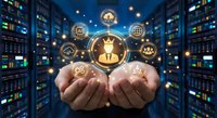 Business professional cupped hands presenting golden digital icons with crown symbol in modern data center server room with glowing network connections.